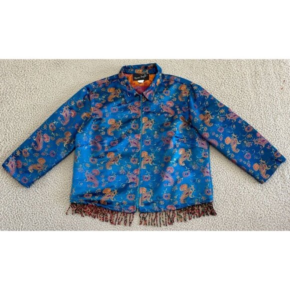Vintage Bonnie Boynton Crop Blazer Jacket Silky Asian Paisley Tasseled Boho - Picture 1 of 16